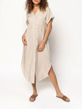 Loose mid-length casual dress with button front in solid colour, shown in apricot