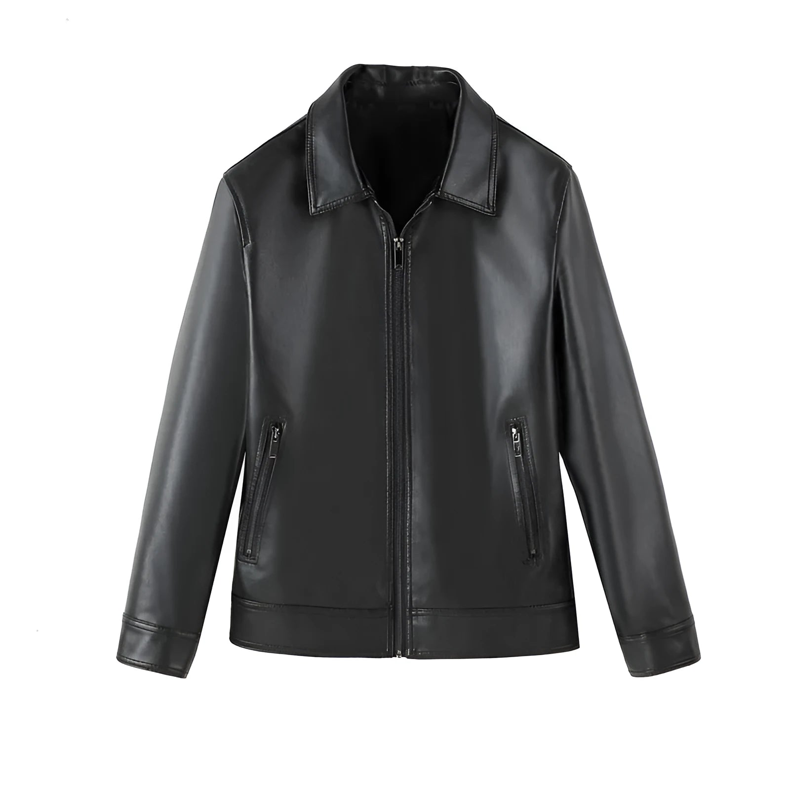 Black men's PU leather jacket with zipper pockets, loose fit design