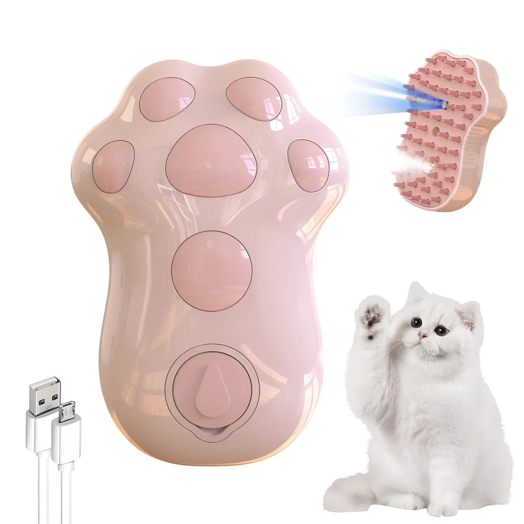 Blue self-cleaning cat steam brush with silicone bristles and a spray nozzle.