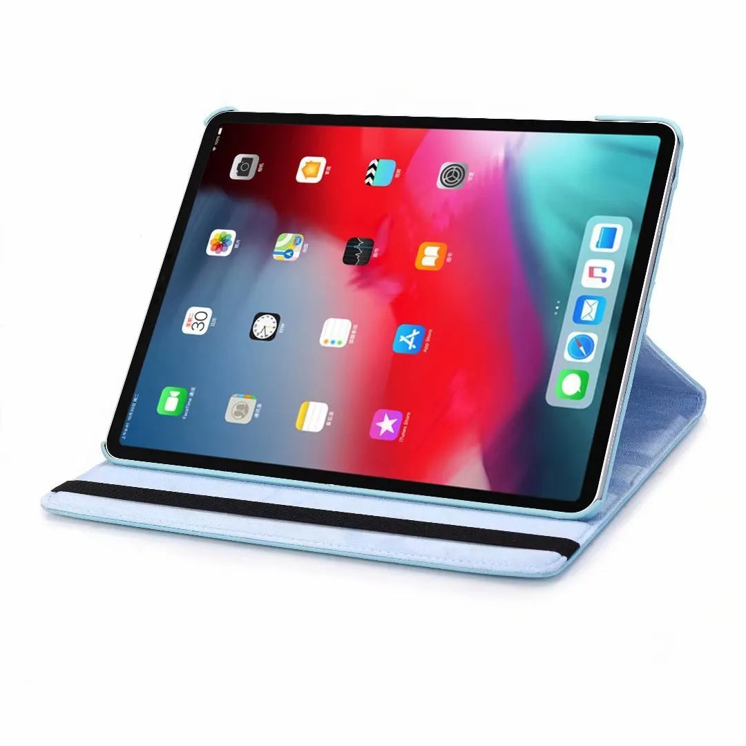 Imitation leather rotating clamshell protective sleeve for iPad and iPad Pro tablets.