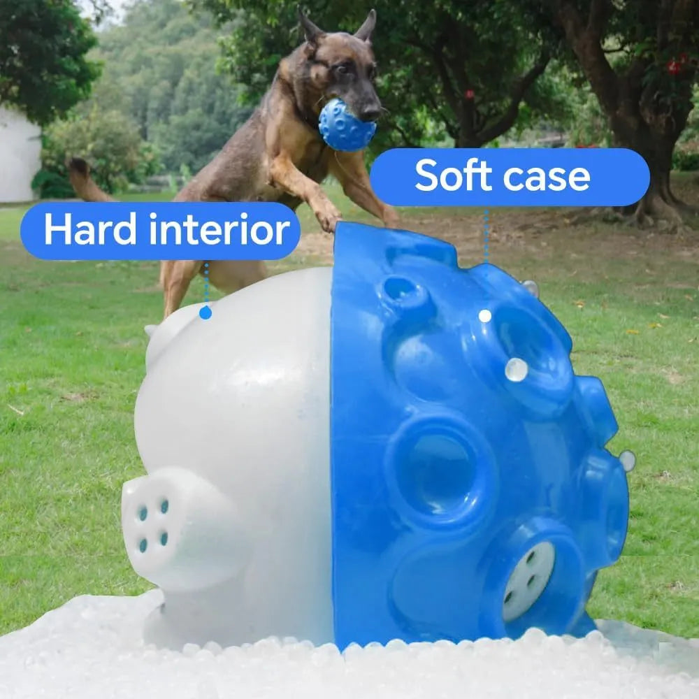Durable natural rubber dog toy ball with meteorite-shaped bumps in multiple colour options