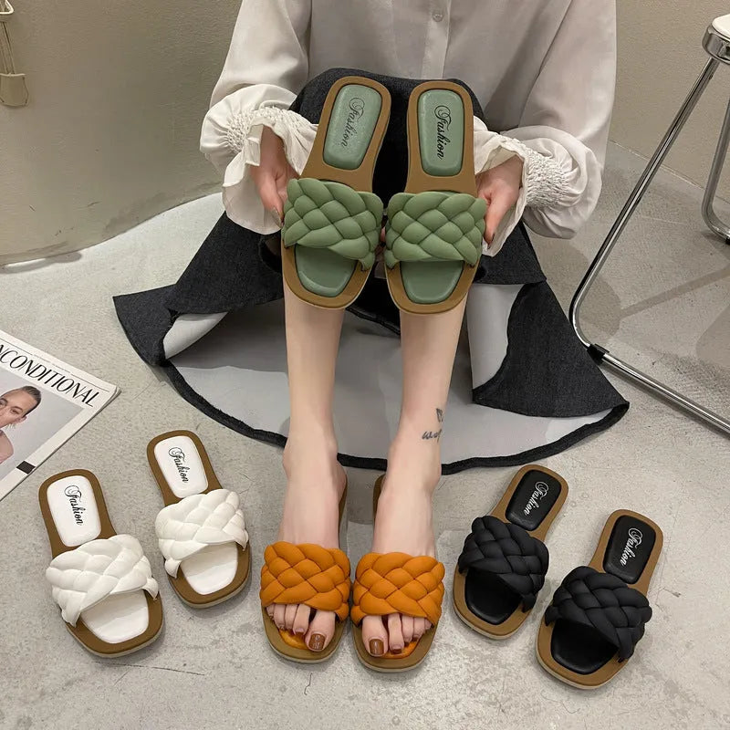 Women's plaid pattern sandals with a thick anti-skid PVC sole in black, green, orange, or white.