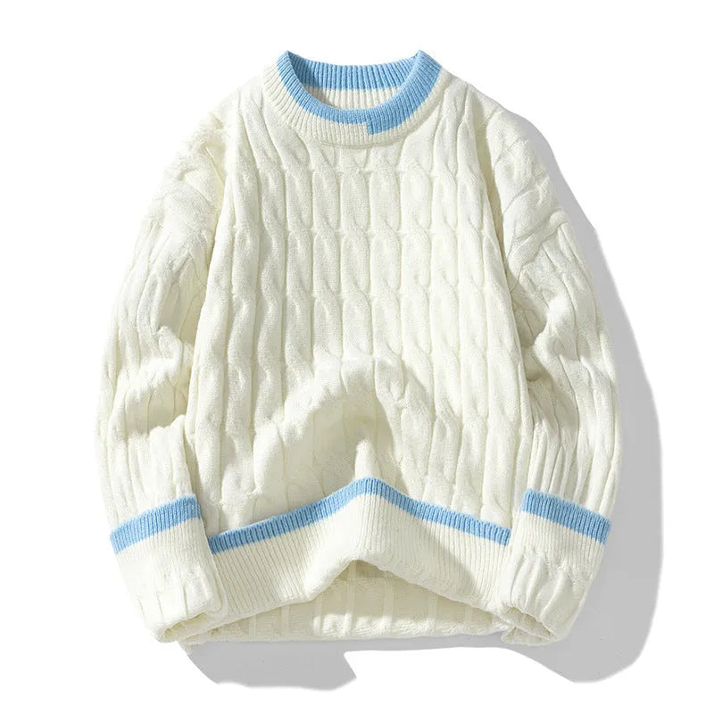 Men's loose grey and blue modal acrylic sports pullover sweater on a hanger.