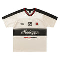 Apricot coloured V-neck sports jersey with letter pattern and drop-shoulder sleeves
