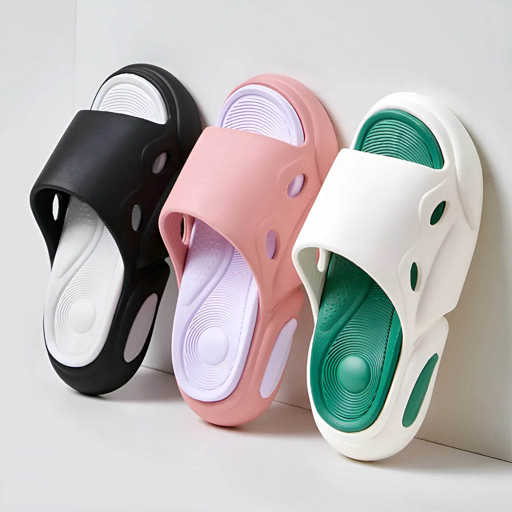 Two-colour EVA slippers for men and women with thick sole, shown in pink and purple colour option.