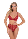 Two-piece lace lingerie set in blue with mesh detail, polyester fabric, women's underwear