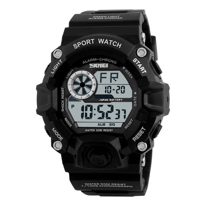 Waterproof multifunctional mountaineering watch with round dial and plastic strap in five colour options