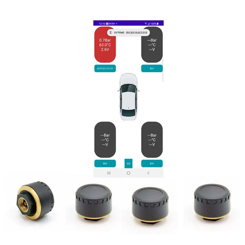 Four black Bluetooth tyre pressure monitors for car with mobile phone display showing pressure readings