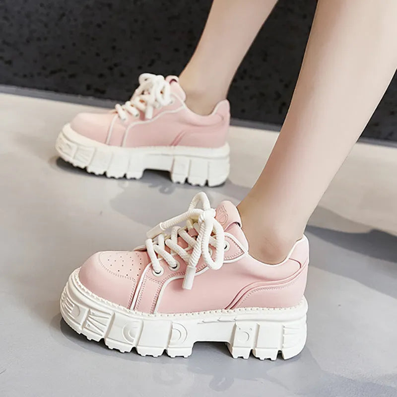 Women's spring muffin bottom casual leather shoes in beige and pink with height increasing design