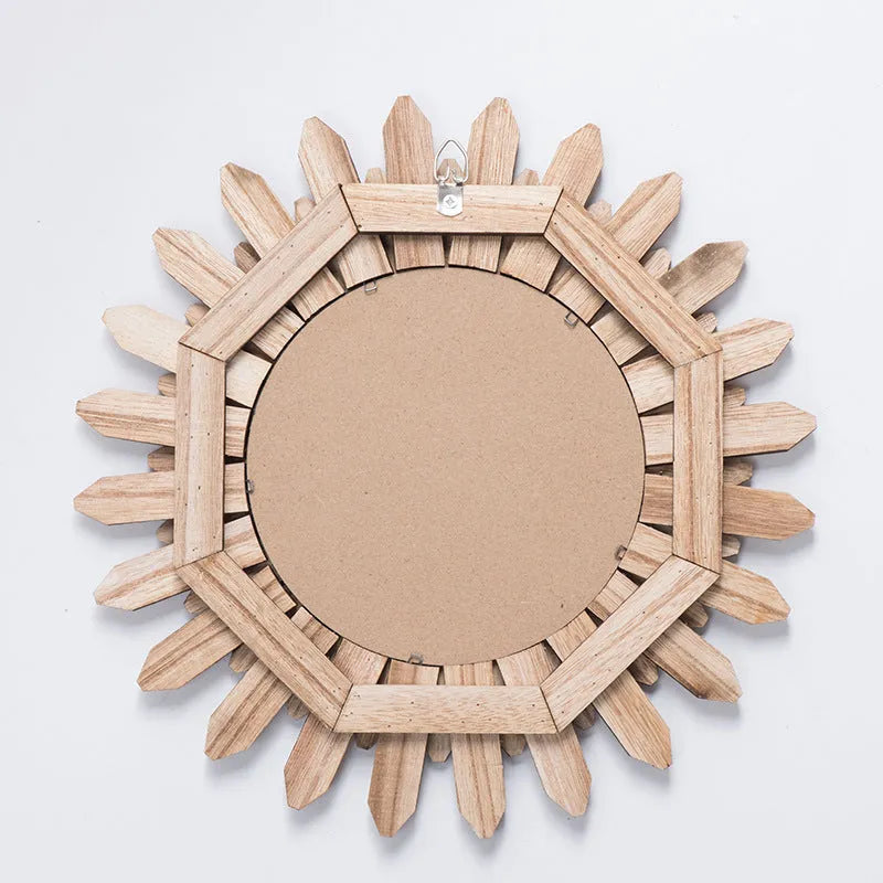 European-style solid wood hanging circular mirror with baked colour finish on wall