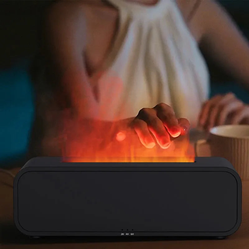 Black and white aroma diffuser with colour-changing flame effect lights and remote control for aromatherapy