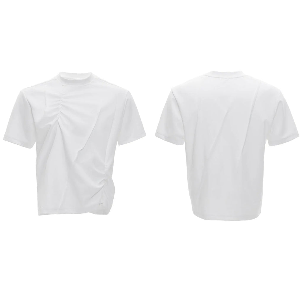 Men's grey cotton T-shirt with pleated detail on the front, showing a loose fit and round neck.
