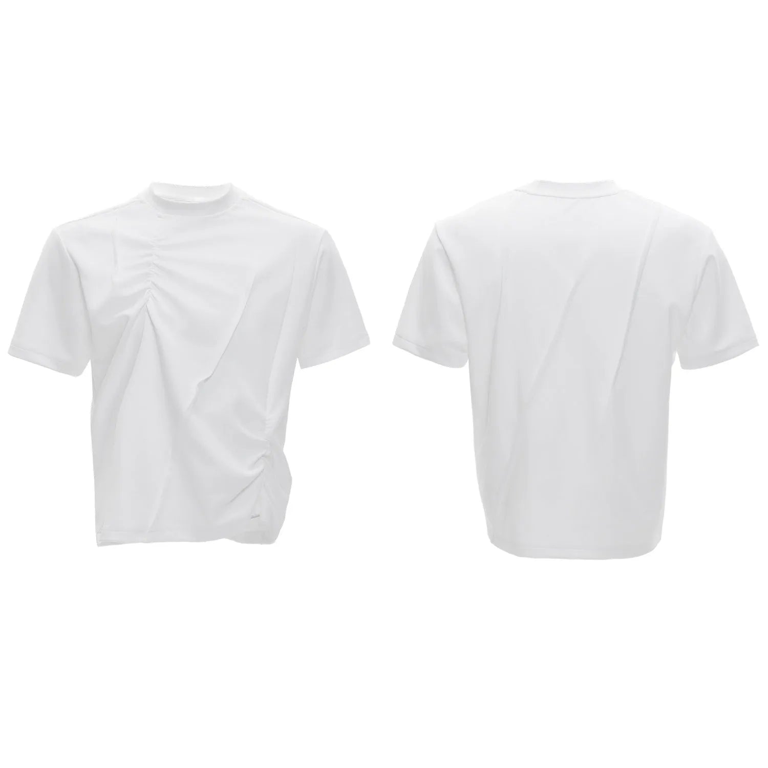 Men's grey cotton T-shirt with pleated detail on the front, showing a loose fit and round neck.