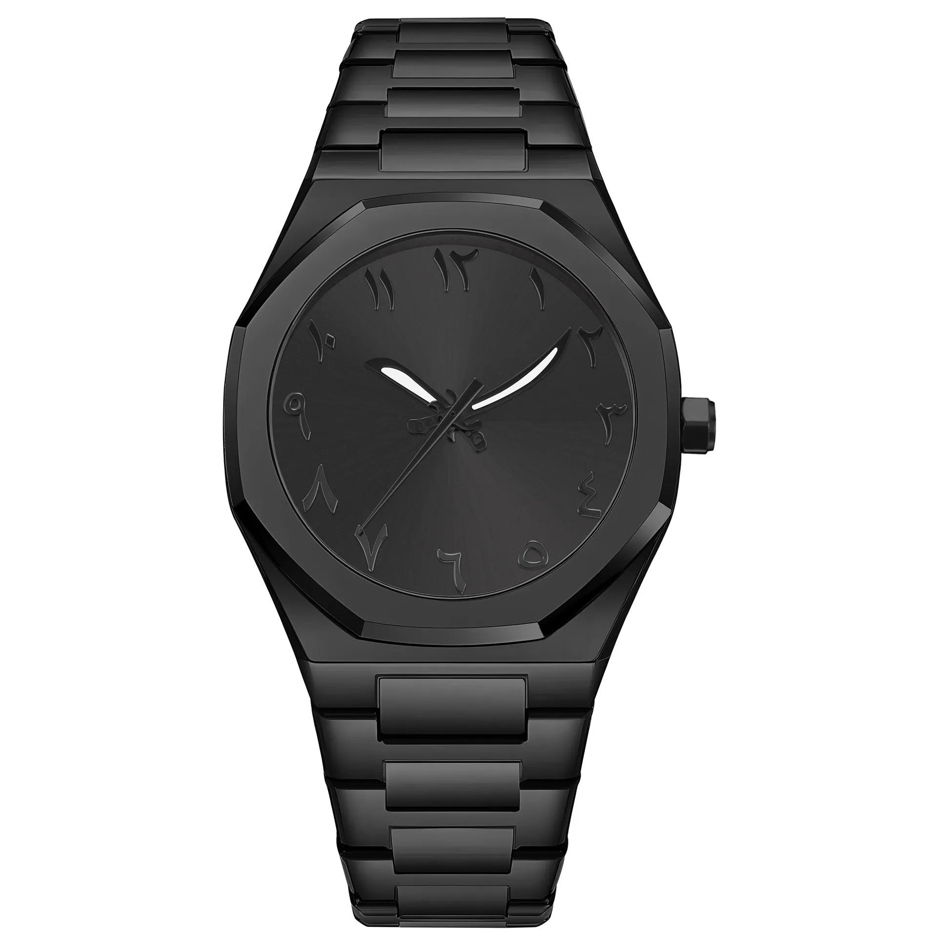 Men's steel bracelet quartz watch in business style on a wrist.