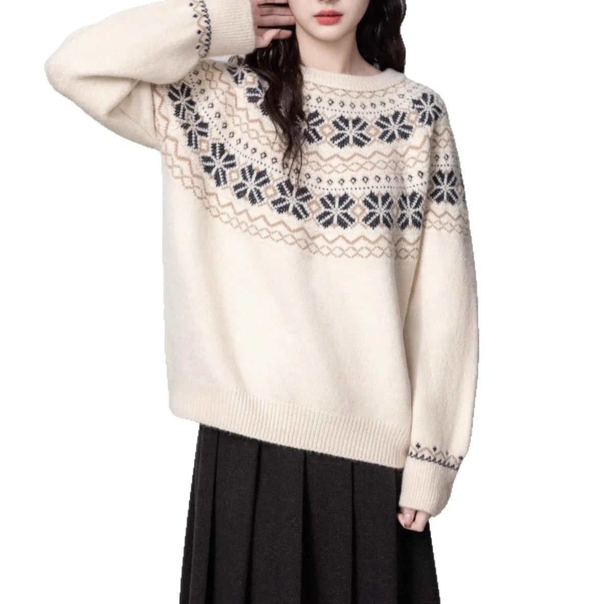 Women's loose-fit Fair Isle pullover sweater with white geometric knit pattern, crew neck, and long sleeves.