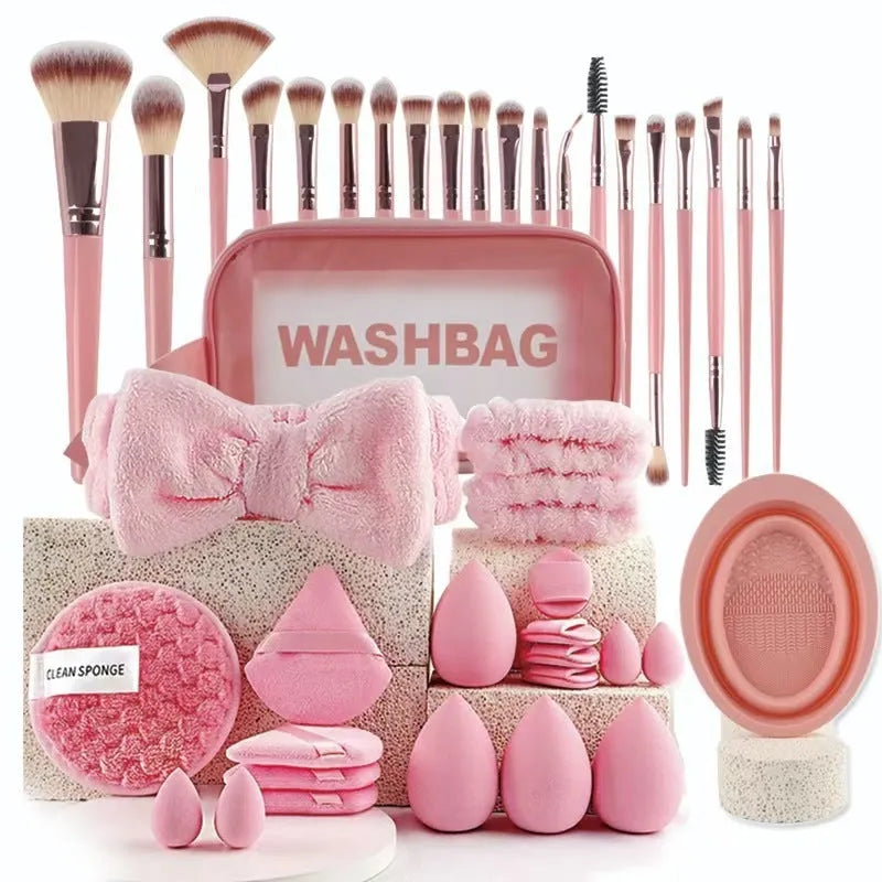Beauty tool set with hydrophilic non-latex sponges in brown, pink and purple colour options