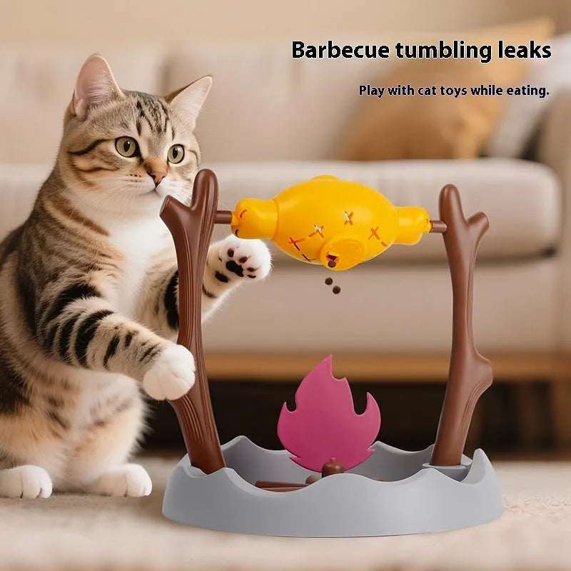 Barbecue-style tumbling cat food feeder toy measuring 30x30x29cm with interactive leakage design