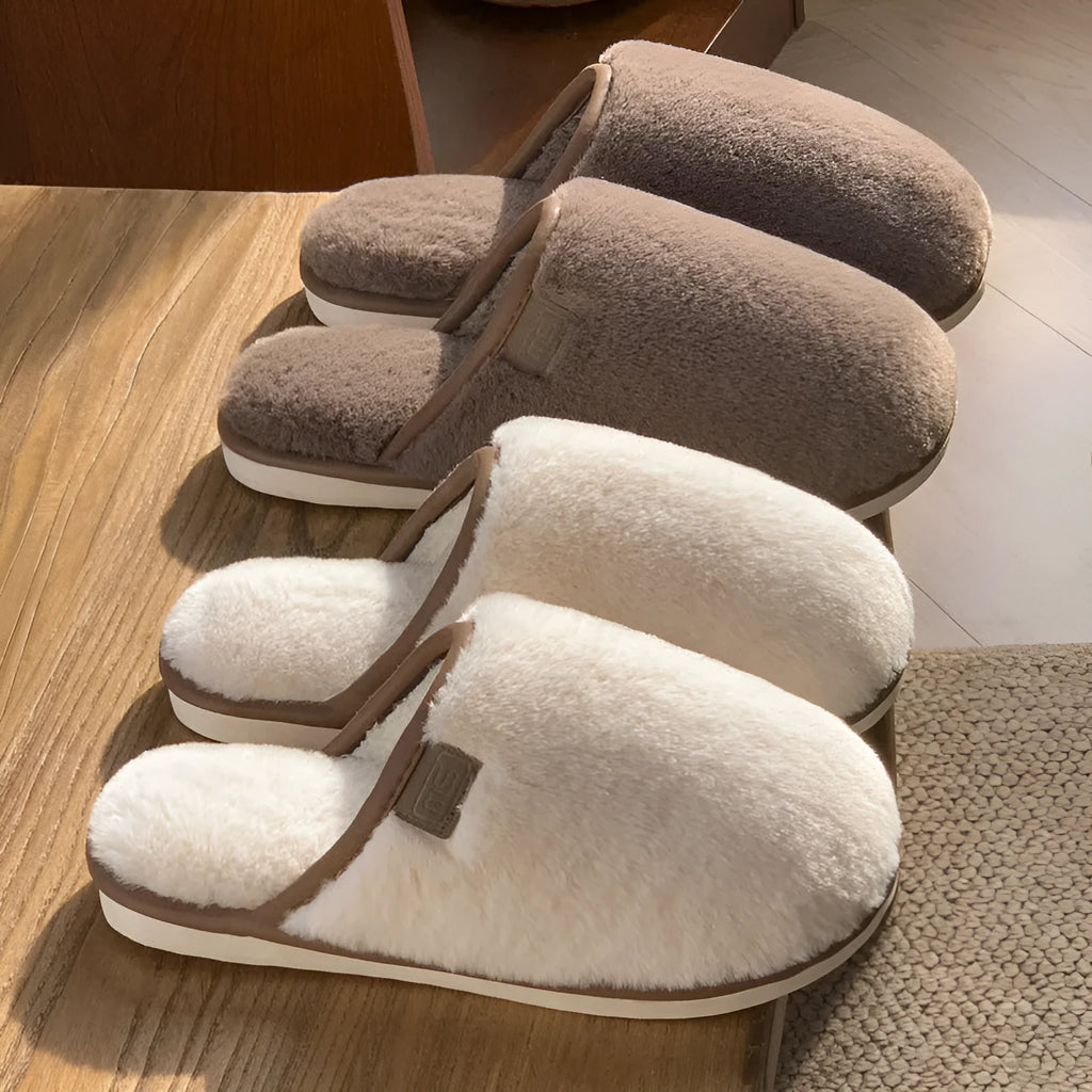 PVC plush winter slippers in solid colours with non-slip soles for indoor wear