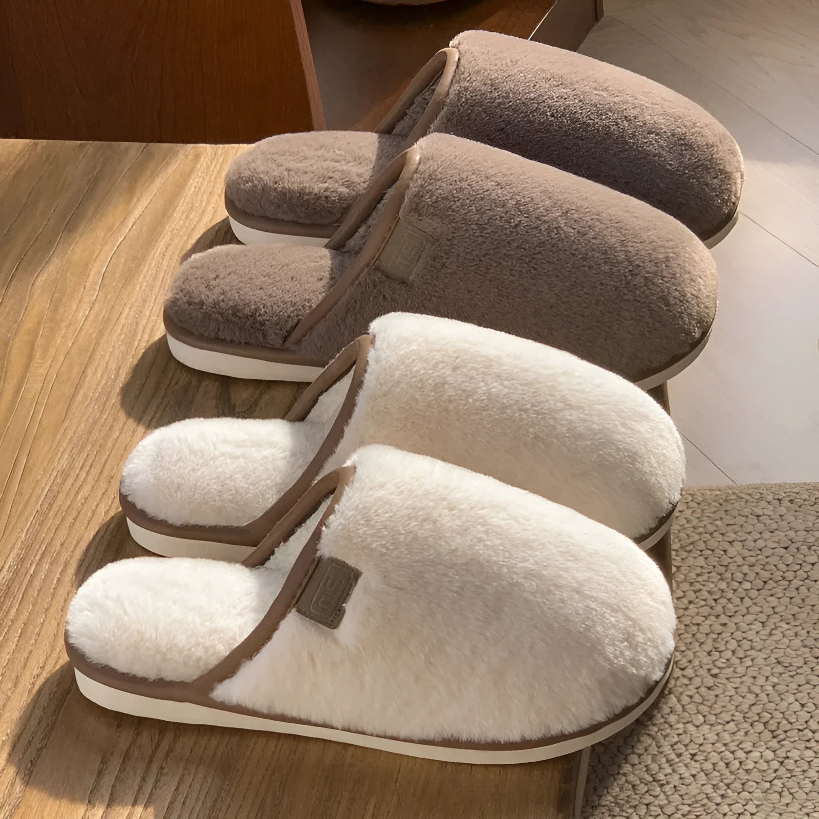 PVC plush winter slippers in solid colours with non-slip soles for indoor wear