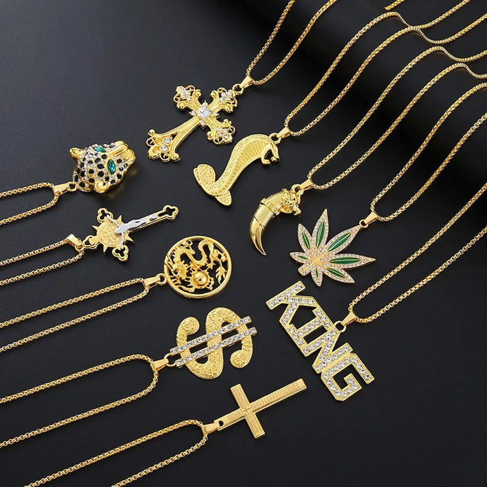 Gold geometric alloy pendant necklace with inlaid zircon detailing for women