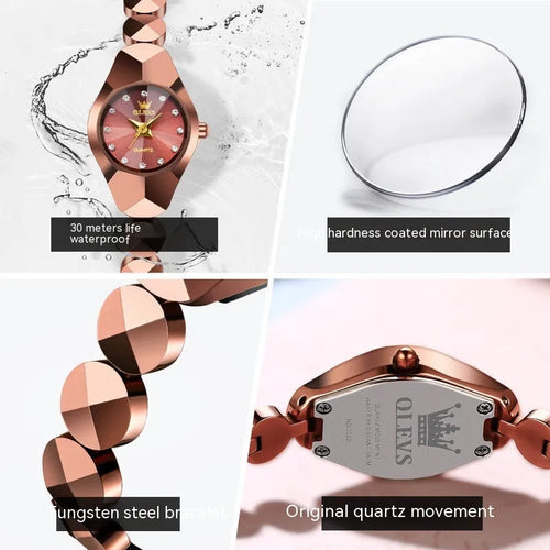 Rose gold plated ceramic tungsten steel bracelet quartz watch with synthetic zircon stones, 20mm case, 21cm inner circumference
