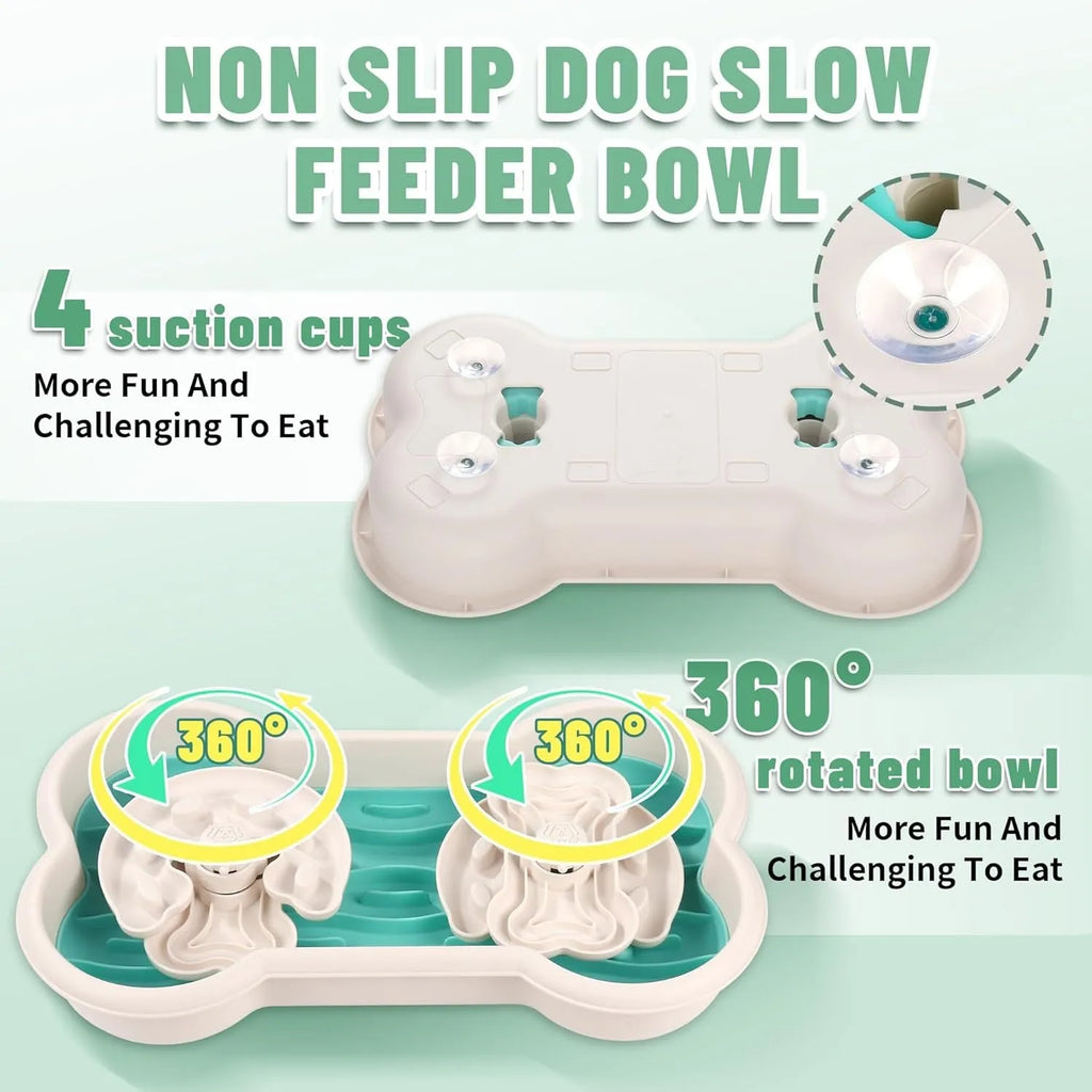 Large green dog slow feeder bowl with three rotating trays showing wave and groove patterns