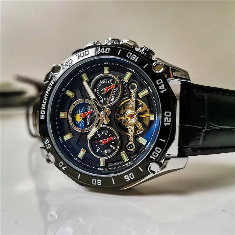 Men's automatic mechanical watch with silver case and black dial showing 12mm thickness