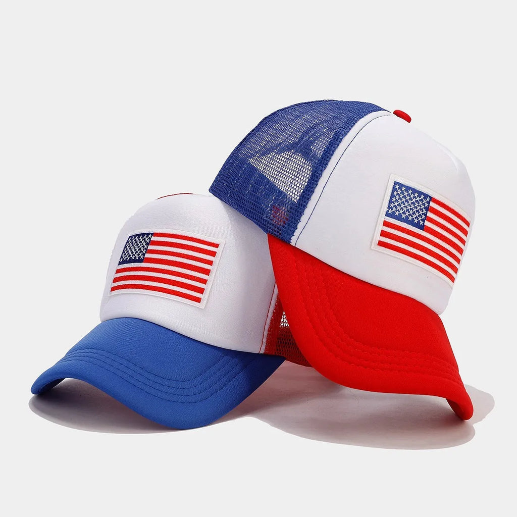 Red and blue dome-crown baseball cap with adjustable strap and breathable mesh design