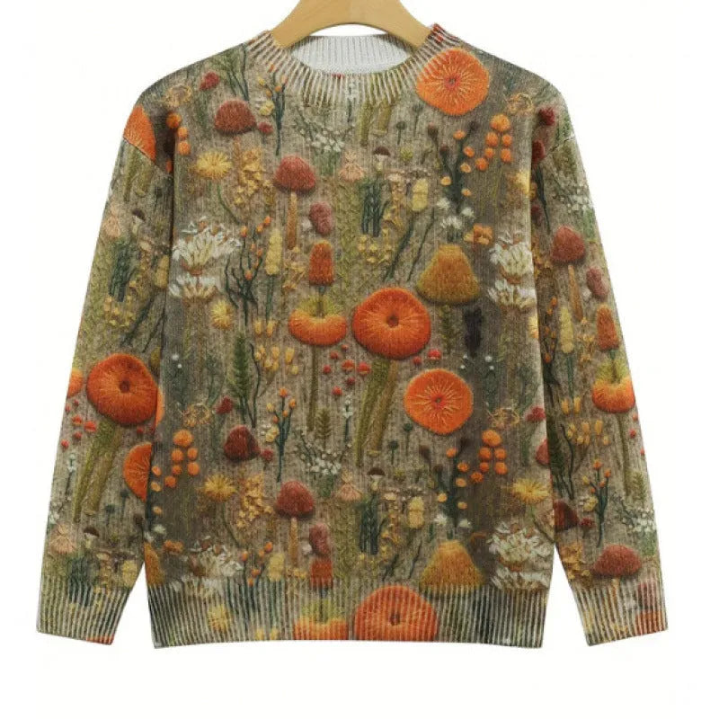 Women's round neck sweater with a small digital floral print in a solid colour.