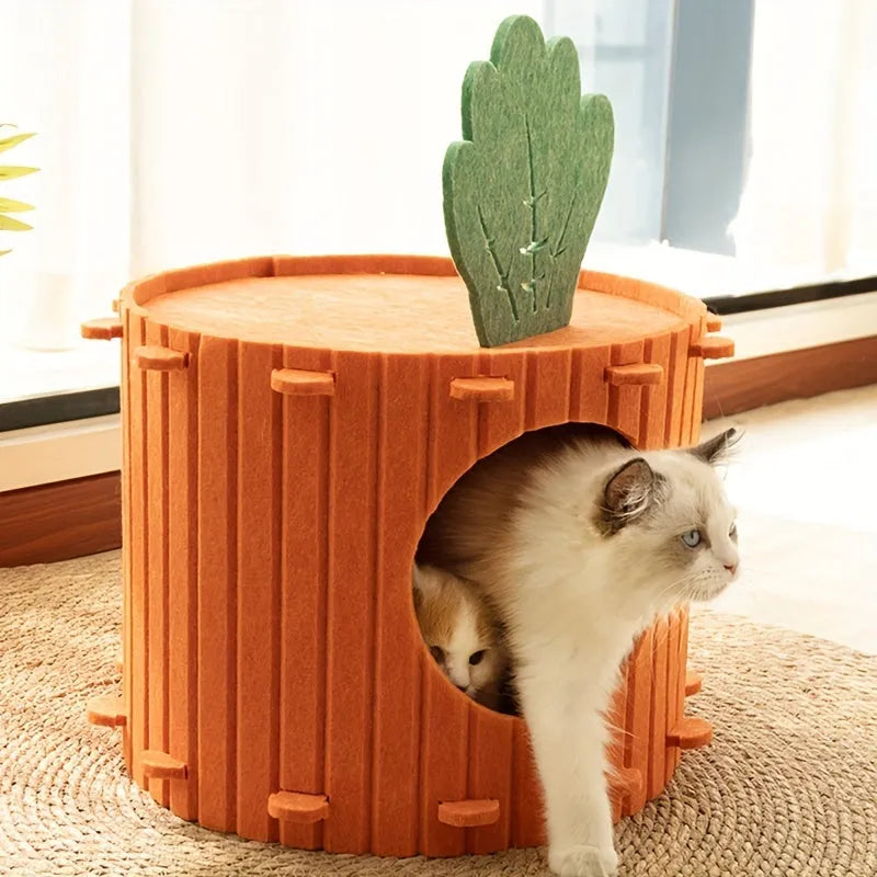 Carrot-shaped cat tunnel in thick felt fabric with semi-enclosed design for indoor cat privacy