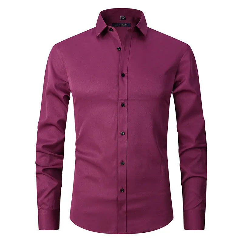 Man wearing a solid colour long sleeve polyester work shirt, showcasing the professional fit and style.
