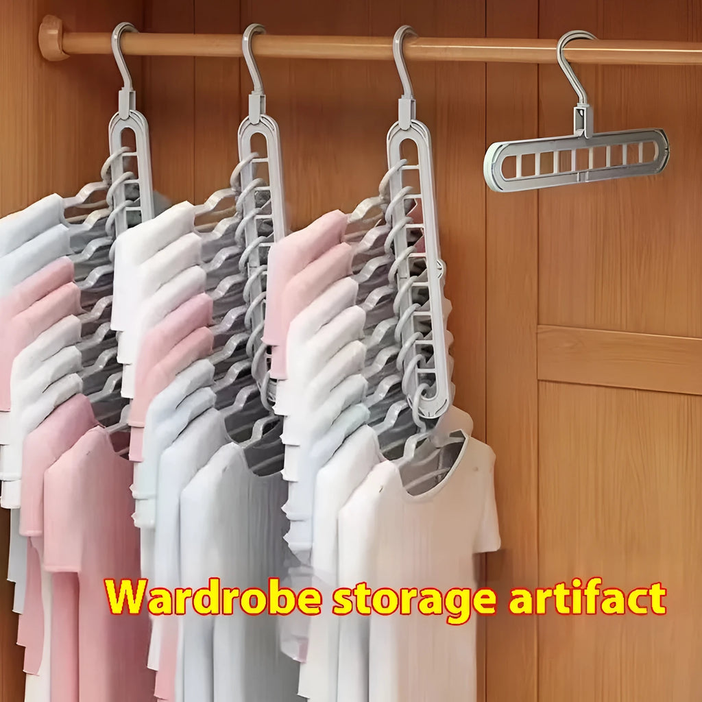 Green plastic nine-hole folding pant hanger for trousers and skirts.