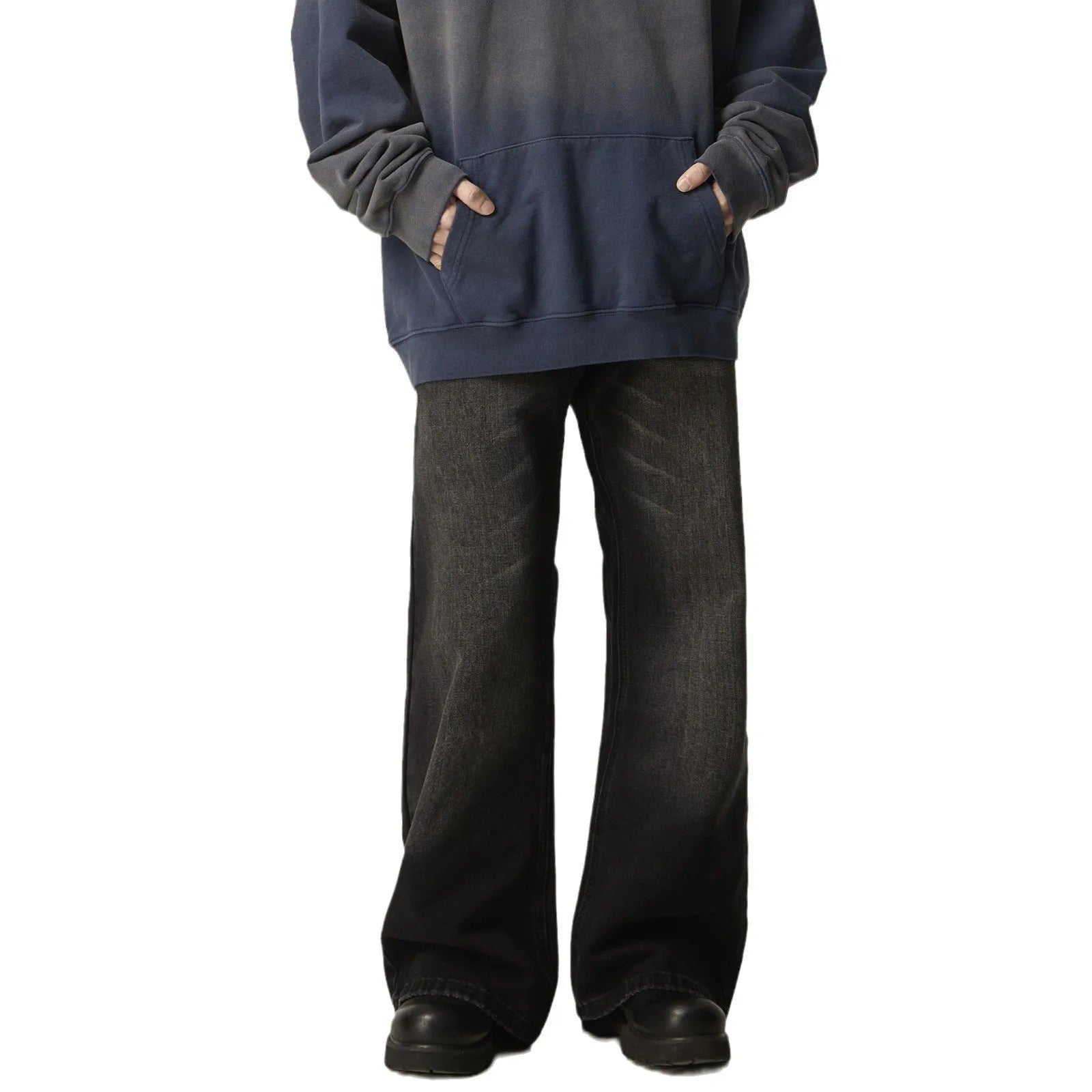 Black loose straight cut retro jeans with zipper fly on mannequin showing full silhouette