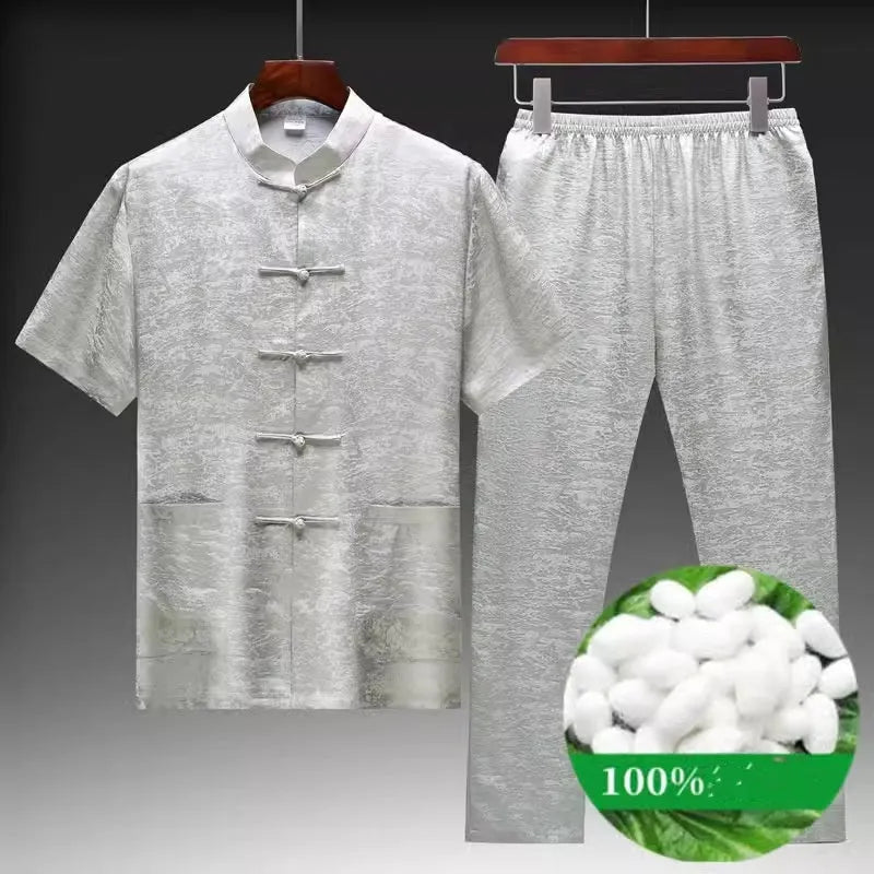Men's traditional Chinese-style Tang suit made from mulberry silk satin in light green, navy, or white.