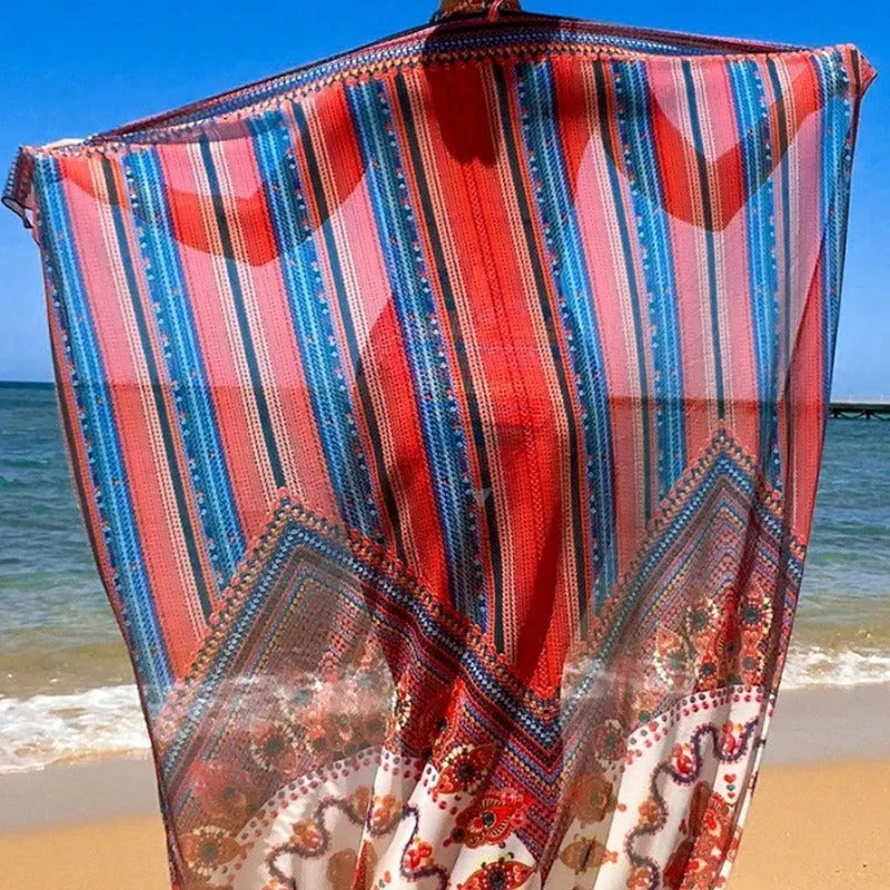 Women's three-piece swimsuit set showing high-waist briefs, cutout sleeveless top, and matching coat in coordinating colours