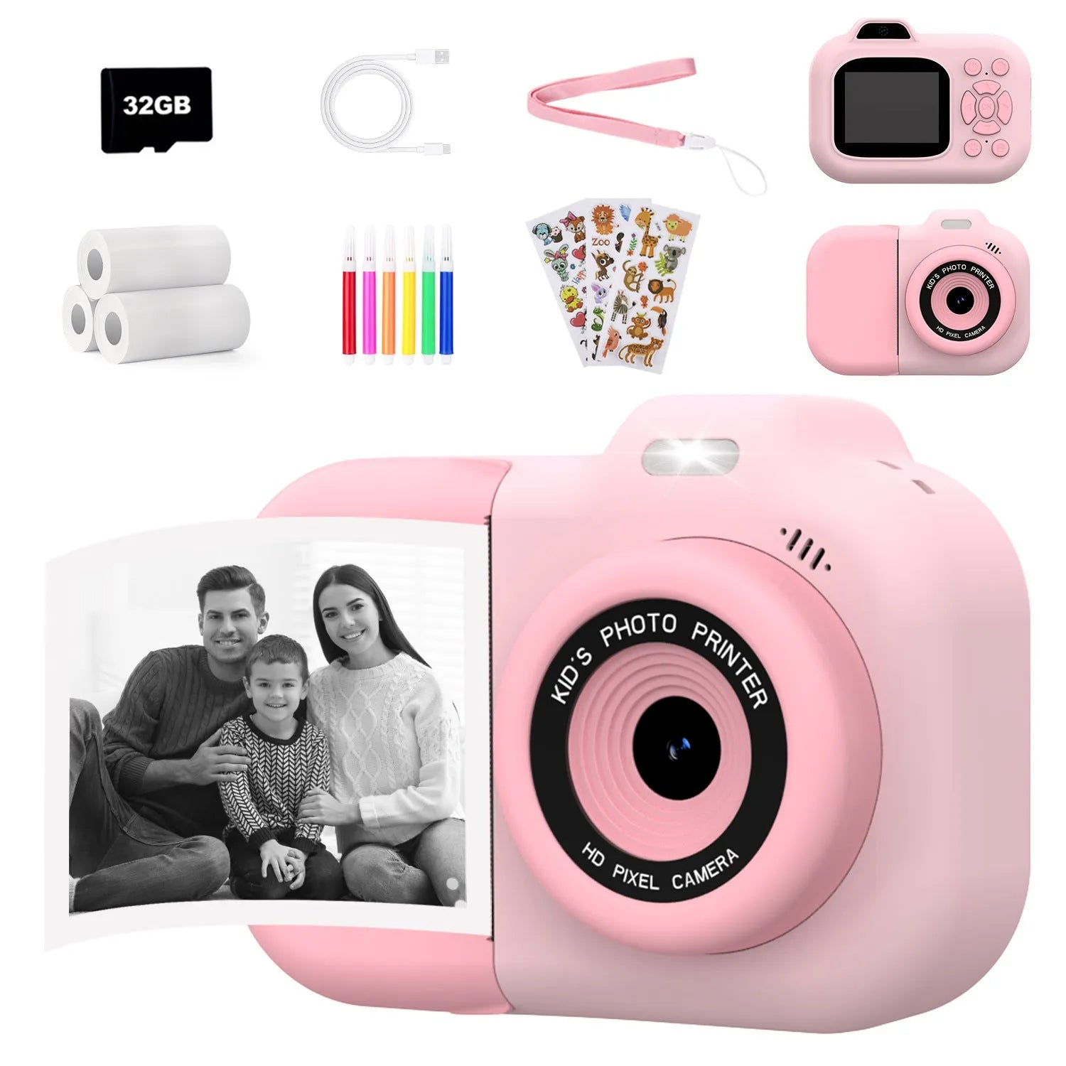 Children's multi-function camera toy in pink, blue, or purple plastic colours with video recording and gaming capabilities.