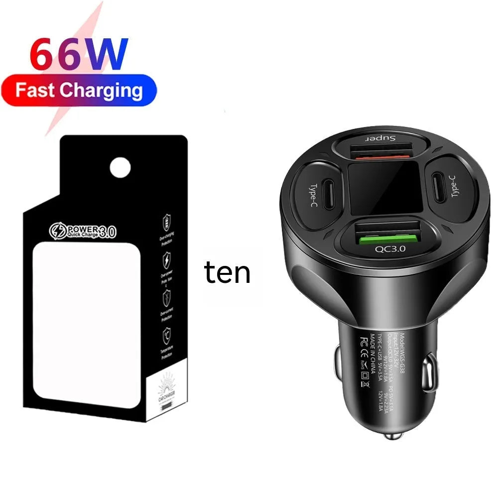 66W digital display car charger with two USB and two Type-C ports showing compact black design