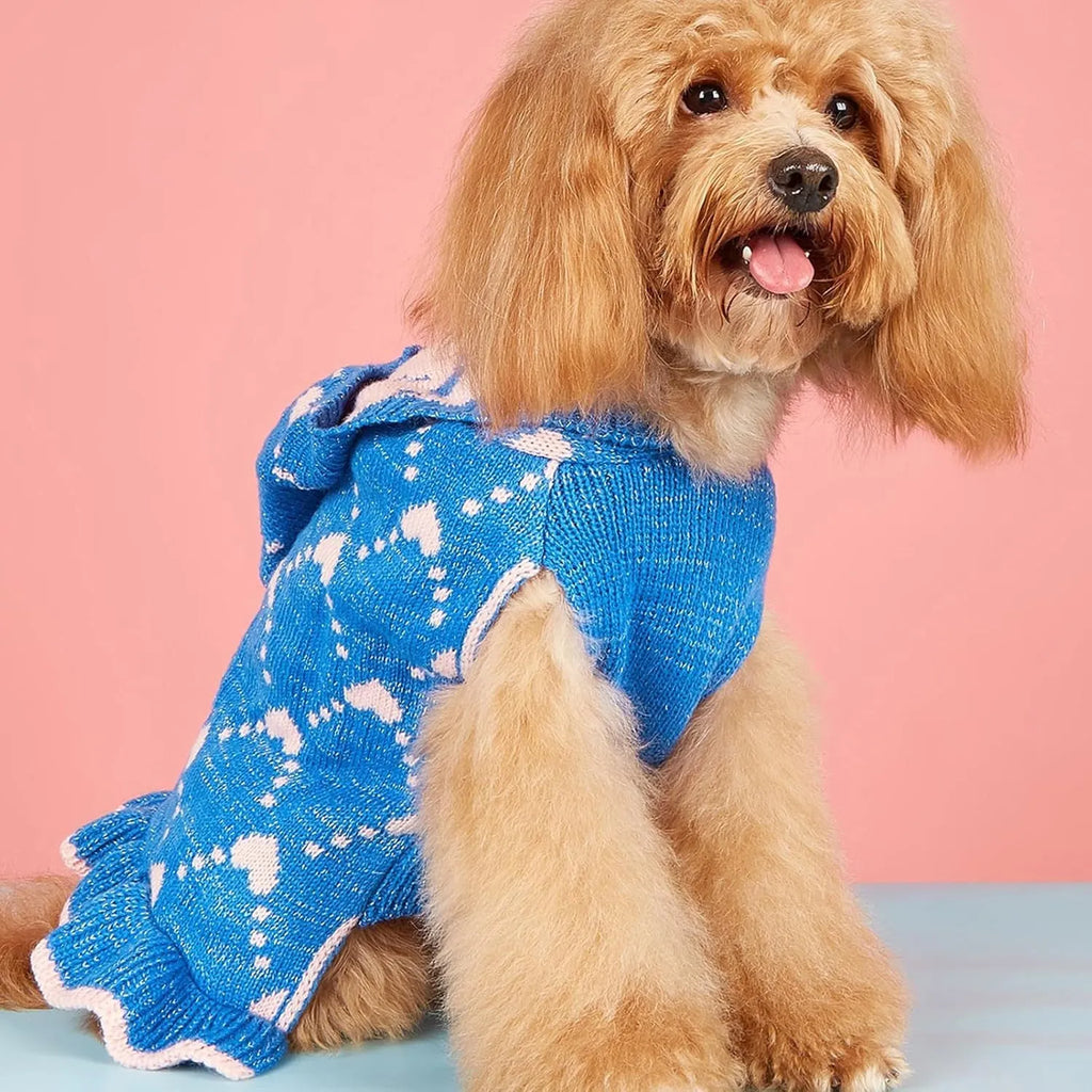 Small Dog Sweater Hoodies Dress Winter Knit Cute Clothing Heart Puppy Clothes with Four Colour Options and Four Sizes Including XS for Tiny Breeds