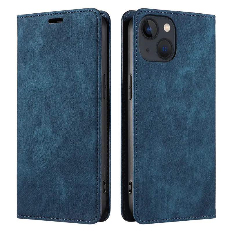 Magnetic flip phone case in solid colour for iPhone, showing TPU frame and leather cover.