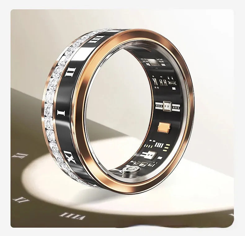 Silver and gold smart rings with diamond inlay displaying blood oxygen monitoring functions