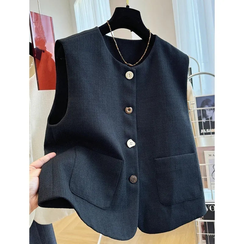 Women's round neck sleeveless vest in French bandage style, available in milky white and black colours