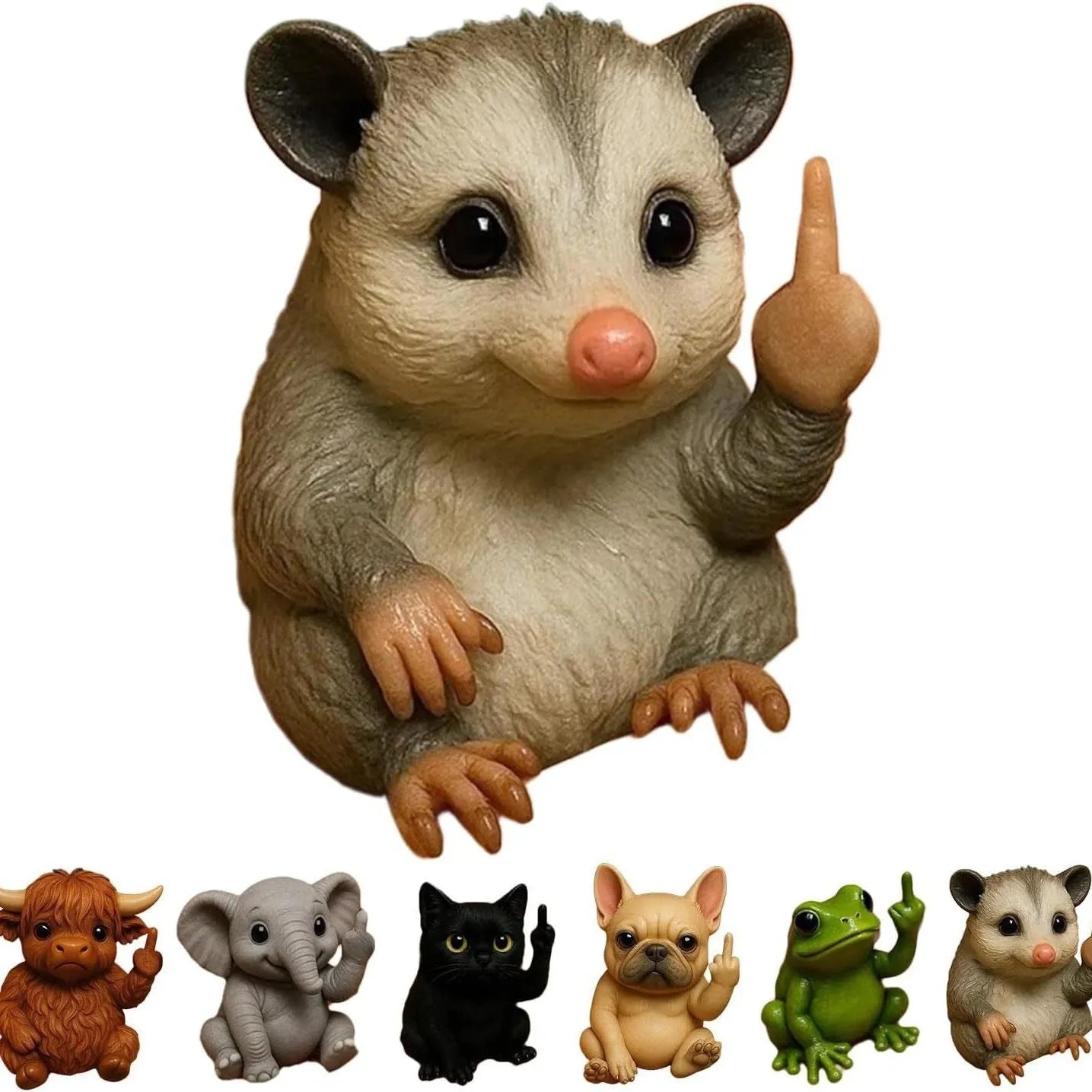 Mini resin animal doll in vertical middle finger pose - available in seven animal designs including cat, dog, elephant, frog, highland cattle, mouse, and turtle