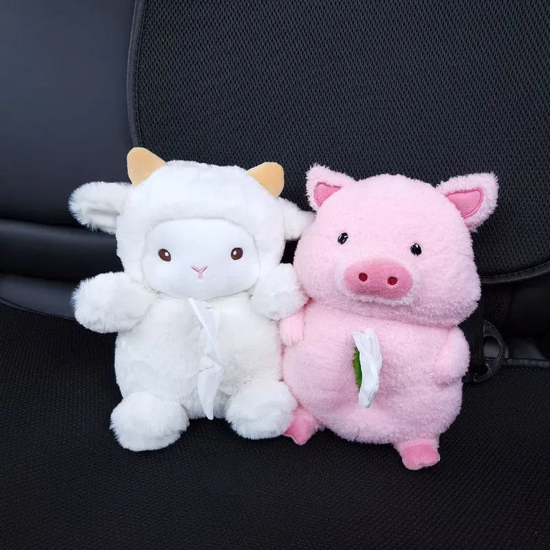 Cartoon lamb soft plush car tissue box organiser with decorative design for dashboard or home.