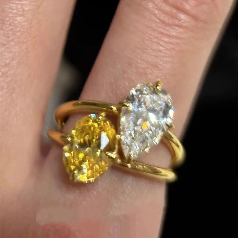 Women's geometric open ring with water drop double sheng stone and contrasting colour zircon on copper band