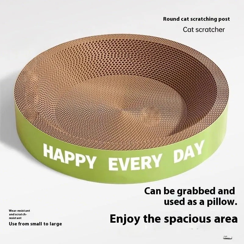 Green round cat nest with an integrated scratching board surface, shown in a simple style.