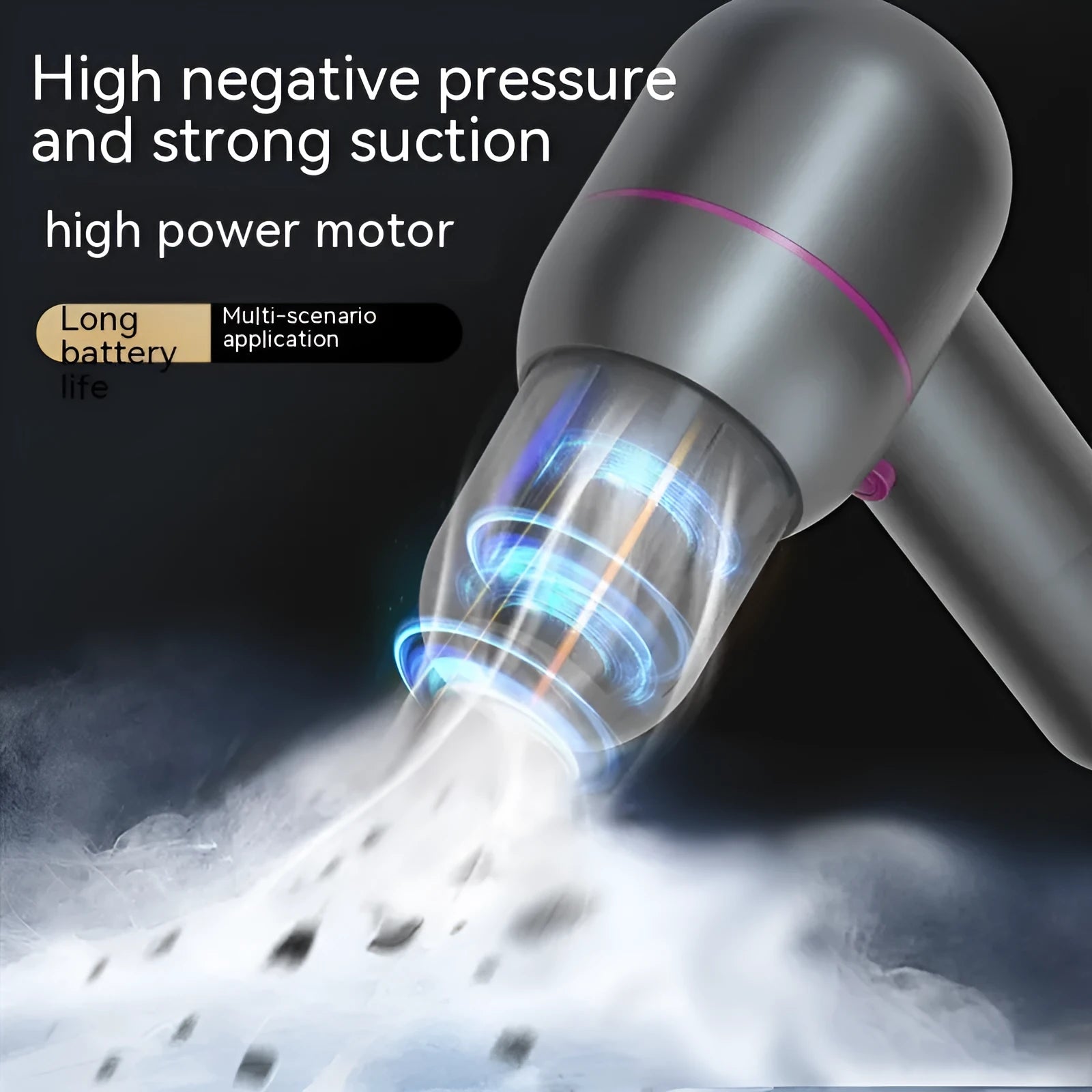 Grey handheld portable car vacuum cleaner with brush nozzle and extended nozzle for dust removal and inflation.