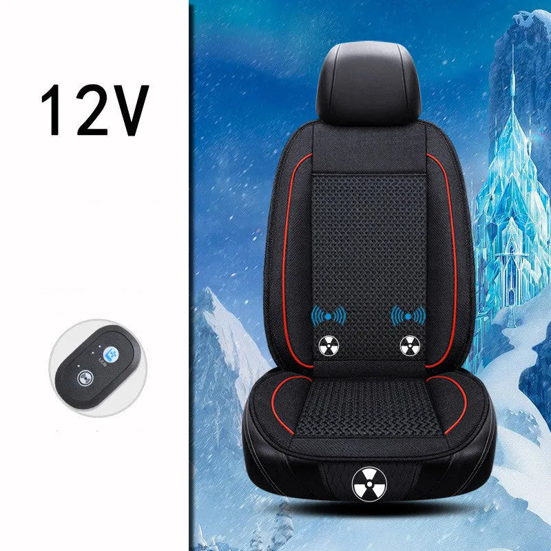 Black car ventilation seat cushion with massage function showing 60x60cm dimensions and power connection