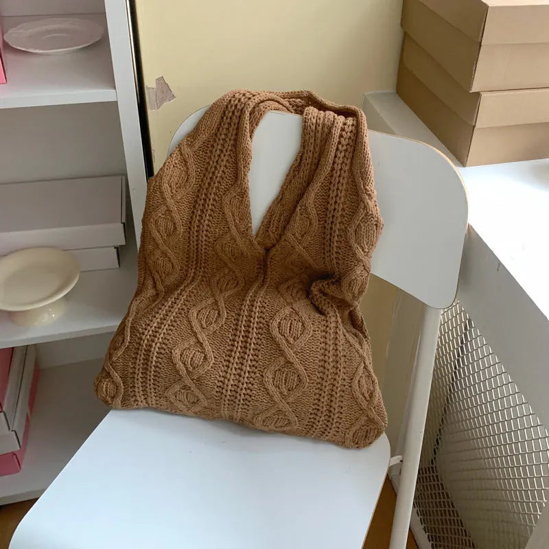 Retro hollow knitted women's shoulder tote bag with double straps in solid colour