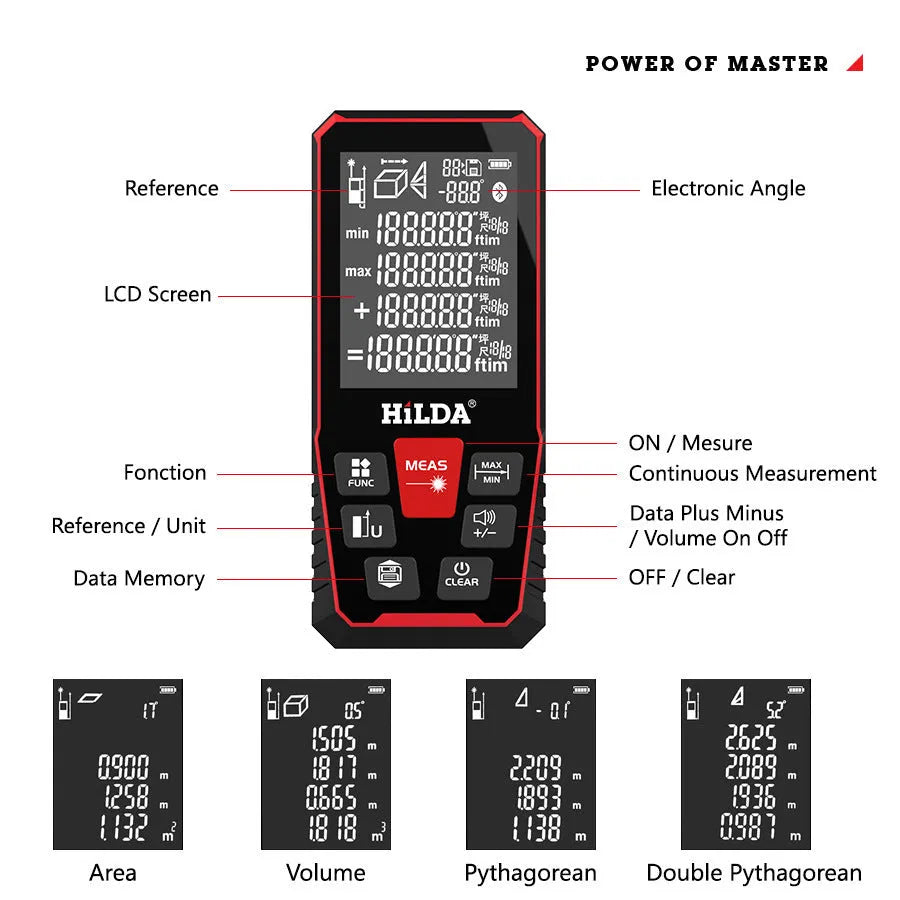 A handheld plastic laser rangefinder for measuring distances up to 120 metres, shown on a table.