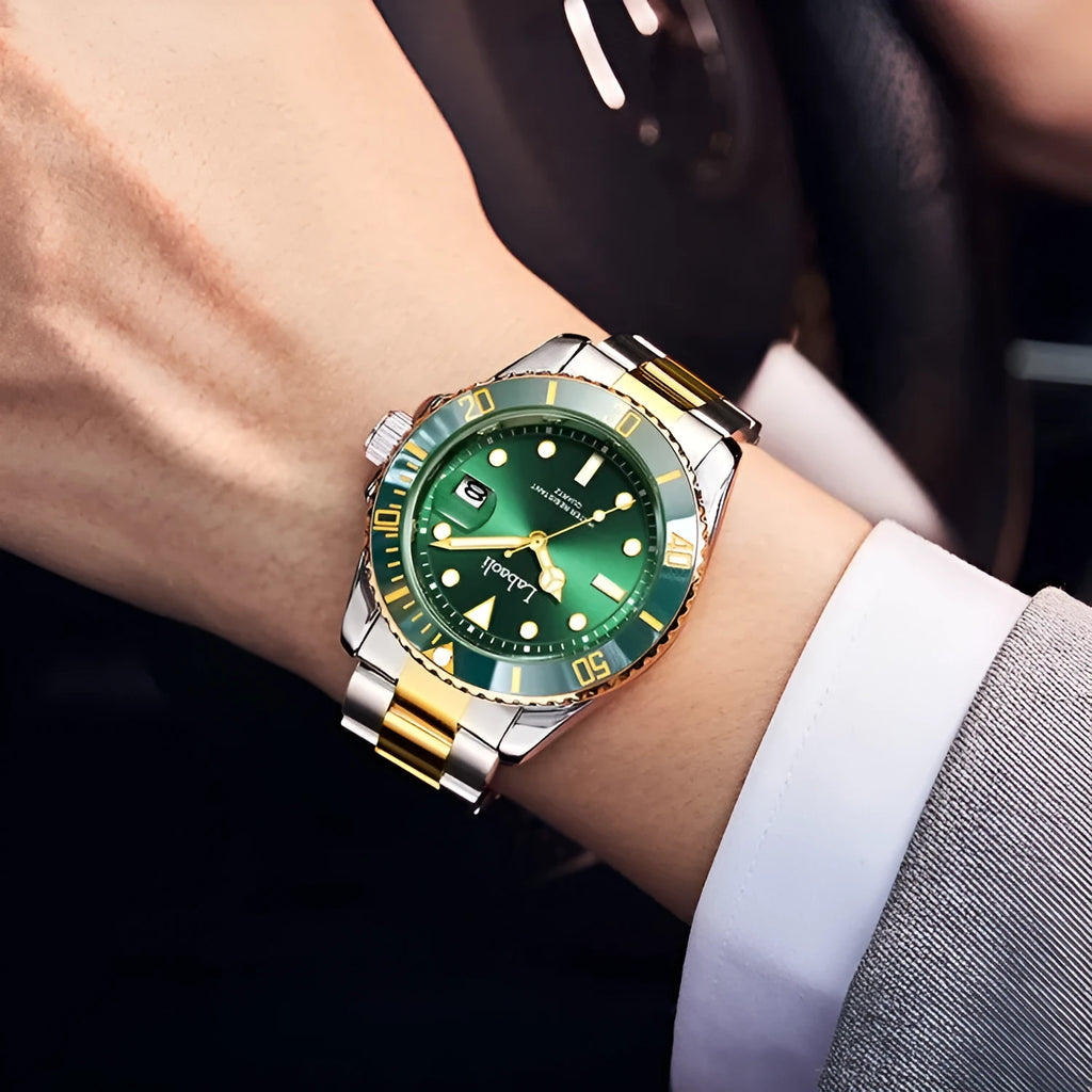 Men's waterproof quartz watch with 14mm thickness, business style, available in black and gold shell colour options